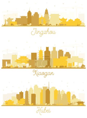 Foto de Hubei Province, Xiaogan, Jingzhou China City Skyline Silhouette Set con edificios dorados aislados en blanco. Arquitectura Histórica y Moderna. Paisaje urbano con puntos de referencia. - Imagen libre de derechos