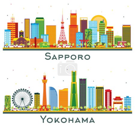 Téléchargez les photos : Yokohama et Sapporo Japan City Skyline Set avec des bâtiments de couleur isolés sur blanc. Business Travel and Tourism Concept with Modern Architecture. Paysage urbain avec des monuments. - en image libre de droit