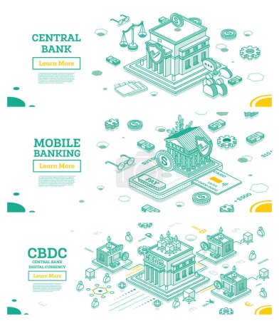 Nationales Zentralbankgebäude. Isometrisches Finanzkonzept. Reservewährung. Mobile Banking App. Digitale Währung der Zentralbank oder CBDC.