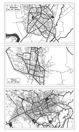 Photo for Vlora, Tirana and Shkoder Albania City Map Set in Black and White Color in Retro Style Isolated on White. Outline Map. - Royalty Free Image