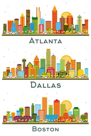 Foto de Dallas Texas, Boston Massachusetts y Atlanta Georgia USA City Skyline Set con edificios a color y cielo azul aislado en blanco. Concepto de viajes de negocios y turismo con arquitectura moderna. - Imagen libre de derechos