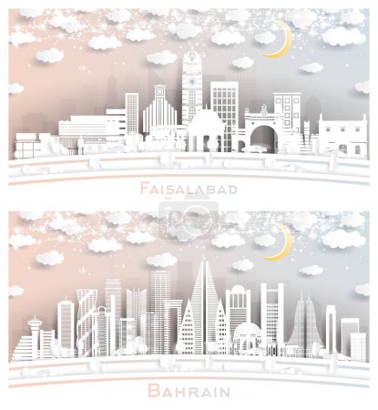 Foto de Bahréin y Faisalabad Pakistán City Skyline Set en estilo de corte de papel con edificios blancos, luna y guirnalda de neón. Concepto de Viajes y Turismo. Paisaje urbano con puntos de referencia. - Imagen libre de derechos