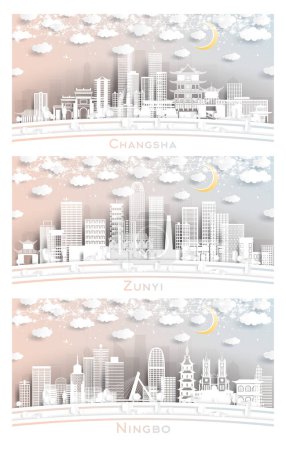 Photo for Zunyi, Ningbo and Changsha China City Skyline Set in Paper Cut Style with White Buildings, Moon and Neon Garland. Travel and Tourism Concept. - Royalty Free Image