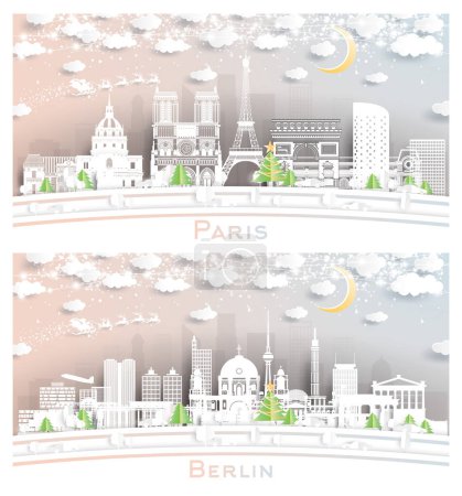 Foto de Berlín Alemania y París Francia City Skyline Set in Paper Cut Style with Snowflakes, Moon and Neon Garland. Concepto de Navidad y Año Nuevo. Papá Noel en trineo. Paisaje urbano con puntos de referencia. - Imagen libre de derechos