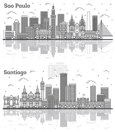 Foto de Outline Santiago Chile and Sao Paulo Brazil City Skyline Set City Skyline with Modern Buildings and Reflections Isolated on White. Cityscape with Landmarks. - Imagen libre de derechos