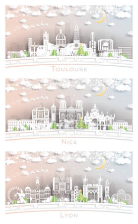 Photo for Nice, Lyon and Toulouse France City Skyline Set in Paper Cut Style with Snowflakes, Moon and Neon Garland. Christmas and New Year Concept. Santa Claus on Sleigh. Cityscape with Landmarks. - Royalty Free Image