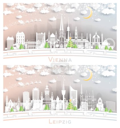 Foto de Leipzig Germany and Vienna Austria City Skyline Set in Paper Cut Style with Snowflakes, Moon and Neon Garland. Christmas and New Year Concept. Santa Claus on Sleigh. Cityscape with Landmarks. - Imagen libre de derechos