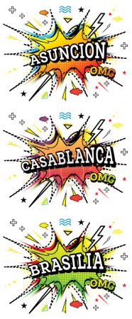 Téléchargez les photos : Casablanca, Brasilia et Asuncion Texte comique dans un style Pop Art isolé sur fond blanc. - en image libre de droit