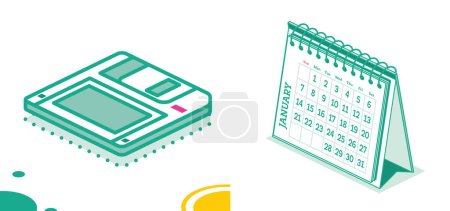 Téléchargez les photos : Desktop Paper Calendar and Isometric Floppy Disk. Outline Style. Diskette Isolated on White Background. Retro Electronic Storage Device. - en image libre de droit