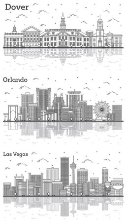 Foto de Descripción Orlando Florida, Dover Delaware y Las Vegas Nevada City Skyline Set con edificios históricos y reflexiones aisladas en blanco. Paisaje urbano con puntos de referencia. - Imagen libre de derechos