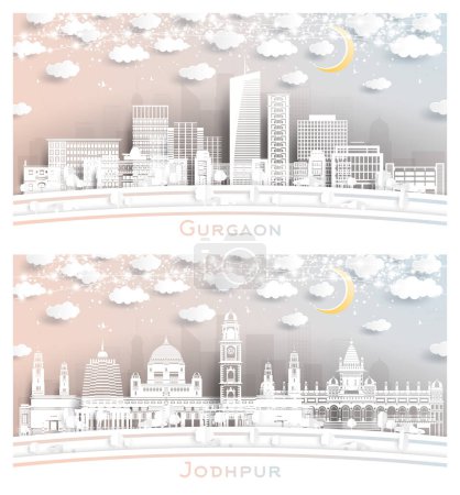 Foto de Jodhpur and Gurgaon India City Skyline Set in Paper Cut Style with White Buildings, Moon and Neon Garland (en inglés). Ilustración vectorial. Concepto de Viajes y Turismo. Paisaje urbano con puntos de referencia. - Imagen libre de derechos
