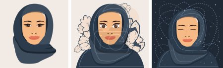 Téléchargez les photos : Portrait Ensemble d'une jeune femme musulmane à Hijab. Illustration. Fleurs sur fond. - en image libre de droit