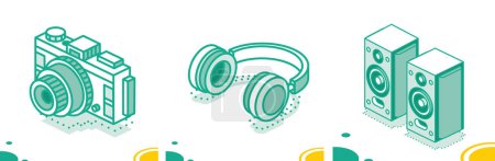 Photo for Stereo Acoustic Speakers, Photo Camera and Headphones Isolated on White. Isometric Outline Icon Set. - Royalty Free Image