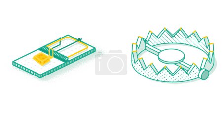 Téléchargez les photos : Isometric Bear and Mouse Trapa with Small Piece of Cheese. Outline Icon Isolated on White. Empty Snare. - en image libre de droit