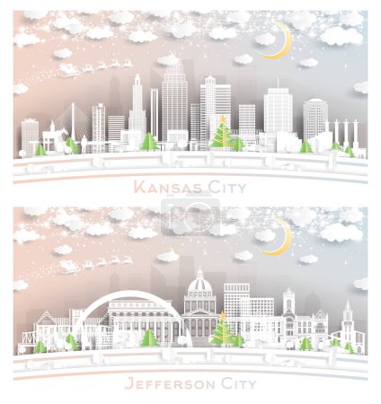 Téléchargez les photos : Jefferson City and Kansas City Missouri Skyline Set in Paper Cut Style with Snowflakes, Moon and Neon Garland. Christmas and New Year Concept. Santa Claus on Sleigh. Cityscape with Landmarks. - en image libre de droit