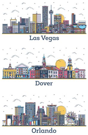 Foto de Descripción Orlando Florida, Dover Delaware y Las Vegas Nevada City Skyline Set con edificios de colores modernos aislados en blanco. Paisaje urbano con puntos de referencia. - Imagen libre de derechos