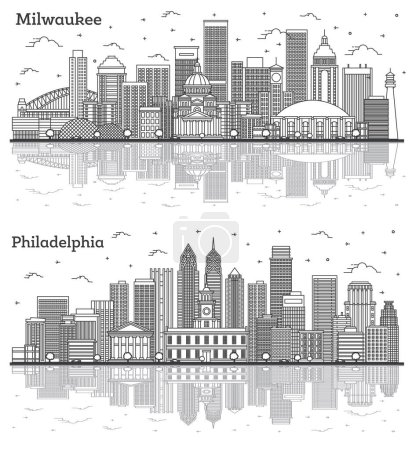 Foto de Esquema Philadelphia Pennsylvania y Milwaukee Wisconsin City Skyline Set con reflexiones y edificios modernos aislados en blanco. Paisaje urbano con puntos de referencia. - Imagen libre de derechos