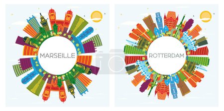 Foto de Rotterdam Países Bajos y Marsella Francia City Skyline Set con edificios a color, cielo azul y espacio de copia. Concepto de viajes de negocios y turismo con arquitectura histórica. Paisaje urbano con puntos de referencia. - Imagen libre de derechos