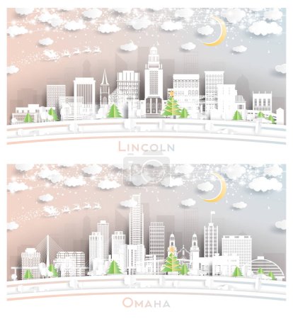 Téléchargez les photos : Omaha and Lincoln Nebraska City Skyline Set in Paper Cut Style with Snowflakes, Moon and Neon Garland. Noël et Nouvel An Concept. Père Noël en traîneau. Repères du paysage urbain. - en image libre de droit