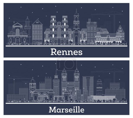 Téléchargez les photos : Plan Marseille et Rennes France City Skyline Set with White Buildings. Business Travel and Tourism Concept with Historic Architecture. Paysage urbain avec des monuments. - en image libre de droit