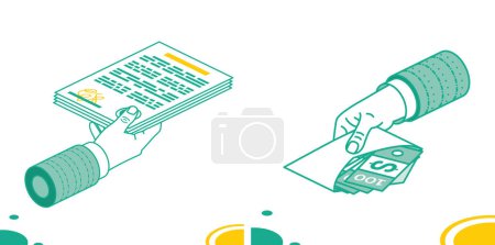 Photo for Business Man Hand Hold Paper Document with Text. Isometric Concept. Outline Contract Agreement. Hand Holds Money in the Envelope. Corruption in Business. - Royalty Free Image