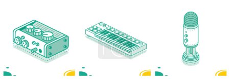 Photo for Audio Midi Interface. Isometric Outline Concept. Back View of Panel with Plugs for Connection. Studio Microphone. Midi Keyboard with Pads and Faders. - Royalty Free Image