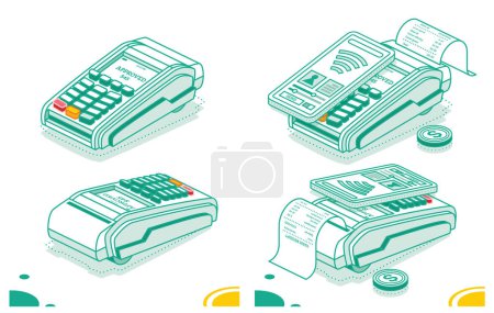 Photo for Isometric POS Terminal Isolated on White Background. Payment Machine. Secure Contactless NFC Payment. POS Terminal with Smartphone and Cash Receipt. - Royalty Free Image