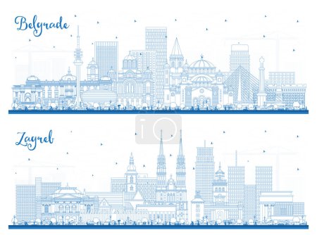 Téléchargez les photos : Aperçu Zagreb Croatia and Belgrade Serbia City Skyline Set with Blue Buildings. Paysage urbain avec des monuments. Voyages d'affaires et tourisme Concept avec architecture historique. - en image libre de droit