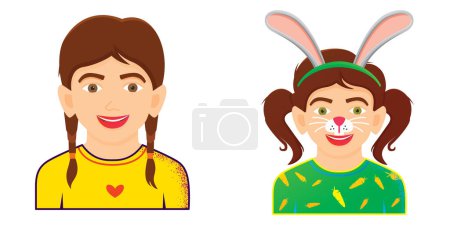 Photo for Portrait of Funny Girl in Yellow T-Shirt Isolated on White Background. Face Painting Icon with Girl with Rabbit Painting. Cartoon Character. - Royalty Free Image