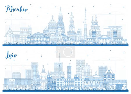 Téléchargez les photos : Décrivez Lviv et Kharkiv Ukraine City Skyline Set with Blue Buildings. Paysage urbain avec des monuments. Voyages d'affaires et tourisme Concept avec architecture historique. - en image libre de droit
