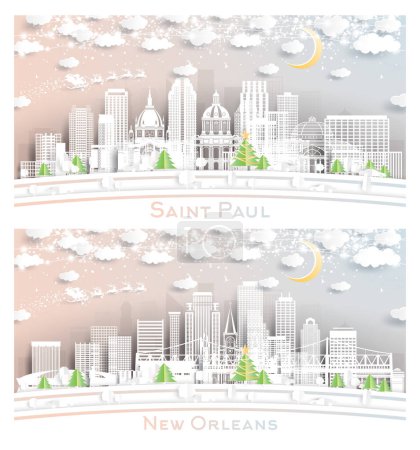 Foto de New Orleans Louisiana and Saint Paul Minnesota City Skyline Set in Paper Cut Style with Snowflakes, Moon and Neon Garland. Concepto de Navidad y Año Nuevo. Papá Noel en trineo. - Imagen libre de derechos