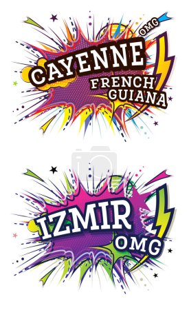 Téléchargez les photos : Izmir Turkey and Cayenne French Guiana Comic Texte dans un style Pop Art isolé sur fond blanc. Ensemble d'œuvres d'art rétro avec éléments de conception géométrique. - en image libre de droit
