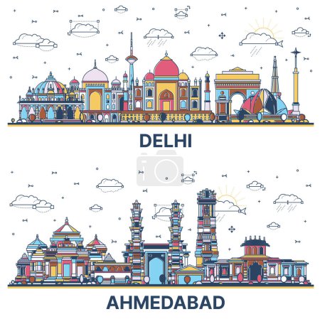Foto de Esquema Ahmedabad y Delhi India City Skyline Set con edificios históricos de colores aislados en blanco. Paisaje urbano con puntos de referencia. - Imagen libre de derechos