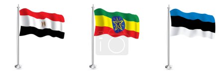 Photo for Ethiopian, Estonian and Egyptian Flags Set. Isolated Realistic Wave Flag on Flagpole. - Royalty Free Image