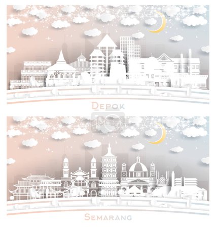 Photo for Semarang and Depok Indonesia City Skyline Set in Paper Cut Style with White Buildings, Moon and Neon Garland. Cityscape with Landmarks. - Royalty Free Image
