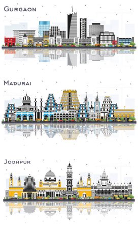 Foto de Madurai, Jodhpur y Gurgaon India City Skyline Set con edificios grises y reflexiones aisladas en blanco. Paisaje urbano con puntos de referencia. - Imagen libre de derechos