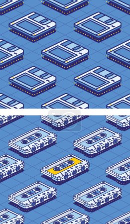 Photo for Isometric Floppy Magnetic Disk and Audio Cassette Tape Seamless Pattern. Diskette on Blue Background. Retro Electronic Storage Device. Concept 80s and 90s. - Royalty Free Image