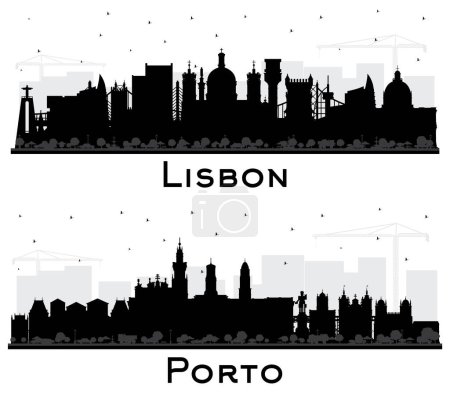 Photo for Porto and Lisbon Portugal City Skyline Silhouette Set with Black Buildings Isolated on White. Cityscape with Landmarks. - Royalty Free Image