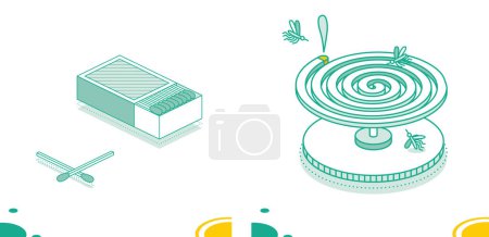Photo for Isomeric Matchbox and Matches Isolated on White. Outline Concept. Mosquito Coil with Mosquitoes. - Royalty Free Image