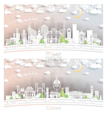 Photo for Como and Milan Italy City Skyline Set in Paper Cut Style with Snowflakes, Moon and Neon Garland. Christmas and New Year Concept. Santa Claus on Sleigh. Cityscape with Landmarks. - Royalty Free Image