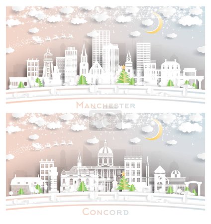 Photo for Concord and Manchester New Hampshire. Winter City Skyline Set in Paper Cut Style with Snowflakes, Moon and Neon Garland. Christmas and New Year Concept. - Royalty Free Image