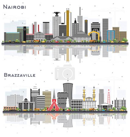 Foto de Brazzaville Republic of Congo y Nairobi Kenya City Skyline Set con edificios a color y reflexiones aisladas en blanco. Paisaje urbano con puntos de referencia. - Imagen libre de derechos