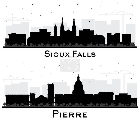 Foto de Pierre y Sioux Falls South Dakota City Skyline Silhouette Set con edificios negros aislados en blanco. Paisaje urbano con puntos de referencia. - Imagen libre de derechos