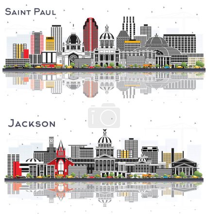 Photo for Jackson Mississippi and Saint Paul Minnesota City Skyline Set with Gray Buildings and Reflections Isolated on White. Cityscape with Landmarks. - Royalty Free Image