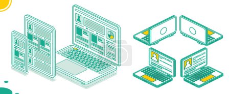 Photo for Smartphone, Laptop and Tablet PC. Isometric Modern Digital Device Set Isolated on White Background. Display with Touchscreen. Web Interface on the Screen. UI Design. - Royalty Free Image