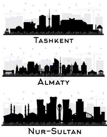 Photo for Nur-Sultan, Almaty Kazakhstan and Tashkent Uzbekistan City Skyline Silhouette Set with Black Buildings Isolated on White. Cityscape with Landmarks. - Royalty Free Image