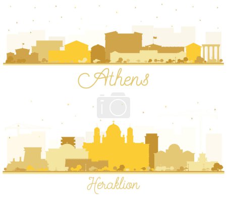 Photo for Heraklion and Athens Greece City Skyline Silhouette Set with Golden Buildings Isolated on White. Cityscape with Landmarks. - Royalty Free Image