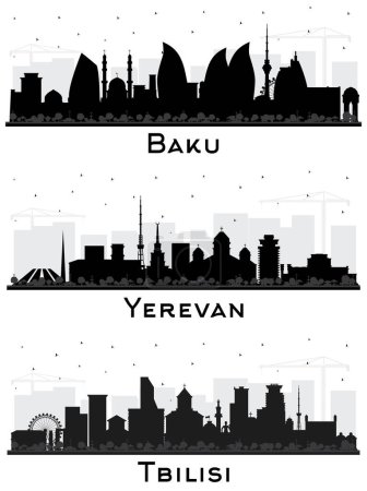 Téléchargez les photos : Erevan Arménie, Tbilissi Géorgie et Bakou Azerbaïdjan City Skyline Silhouette Set avec des bâtiments noirs isolés sur blanc. Paysage urbain avec des monuments. - en image libre de droit