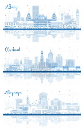 Foto de Esquema Cleveland Ohio, Albuquerque Nuevo México y Albany Nueva York Skyline Set con edificios azules y reflexiones. - Imagen libre de derechos