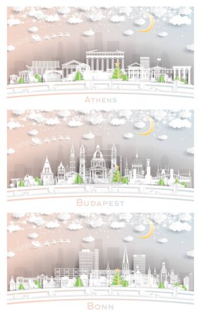 Photo for Budapest Hungary, Bonn Germany and Athens Greece. Winter City Skyline Set in Paper Cut Style with Snowflakes, Moon and Neon Garland. - Royalty Free Image